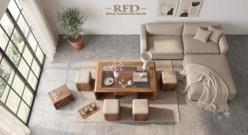 Image of Royal Furniture Decor Solid Wood Coffee Table with 4 Stools, 122x61 cm | Glass Top Surface, Built-in Lower Shelf, Upholstered Stools, Rounded Arch Design, Living Room Use