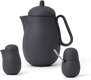 VIVA scandinavia Zestaw do herbaty porcelanowy 3-częściowy składający się z dzbanka do herbaty, dzbanka na mleko i cukiernicy z łyżeczką ze stali nierdzewnej, matowy czarny