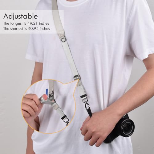 [VOVMOEYA] カメラストラップ、カメラネックストラップ 三角リング付き for Fujifilm/for Nikon/for Canon/for Sony/for Panasonic ショルダーストラップ Fuji X-T50用 コンパクトカメラ用 一眼レフ ミラーレス デジカメ用 全長105-126cm おしゃれ 斜め掛け 首掛け 落下防止 PUレザー テクスチャ感-グレー