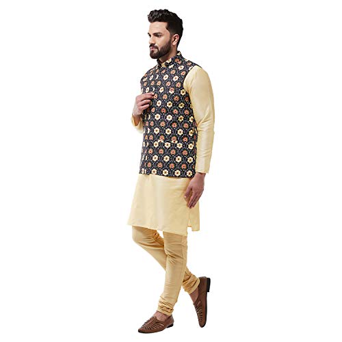 Image of SOJANYA (Since 1958 Men's Silk Blend Gold Kurta Pyjama & Printed Nehrujacket Combo