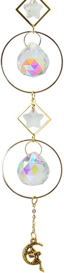 Crystal Wind Chime Gold Plated Star Moon Pendant Icyant Colorful Crystals Metal Ring Hanging Pendant Rainbow Maker Hanging Glass Prisms Pendants for Window Home Garden Car Decoration