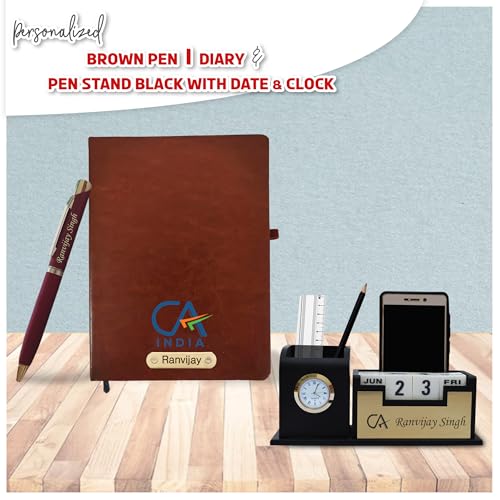 Image of SAVRI Personalized Chartered Accountant's Combo-CA Pen Stand, CA Logo Pen & Black Diary with Engraved Logo & Name Thoughtful Gifts for Financial Professionals. (Brown)