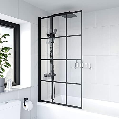 Pivot Over Bath Shower Screen 800mm Black Framed Square Grid Safety