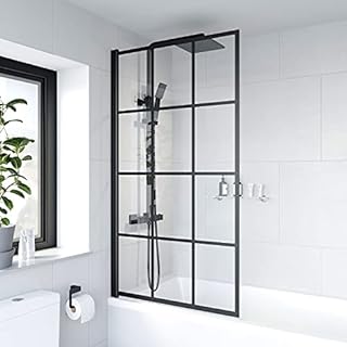 Over Bath Shower Screen Door 780mm Framed Black Square Grid 6mm Toughened Safety Clear Glass Panel Bathroom Bath Screens