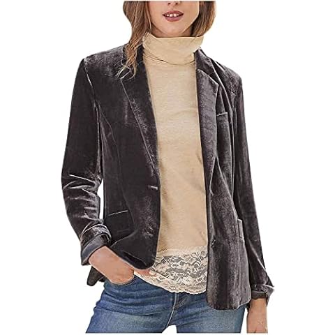 Women's Fashion Long Sleeve Gold Velvet Solid Color Casual Loose Cardigan Outerwear Winter Jacket Long Sleeve Work Office Casual Boyfriend Blazer (Grey,M) Cover