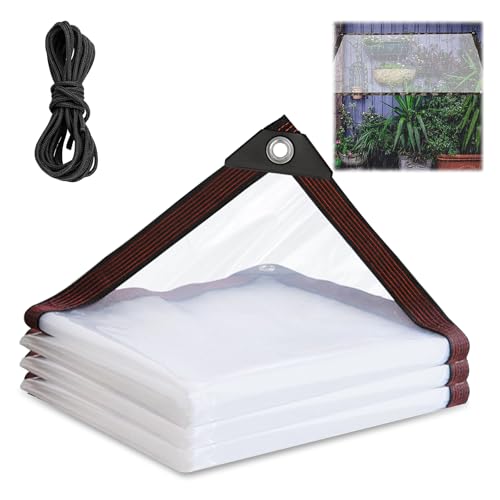 Durchsichtige Plane mit ösen 2x2m Regenschutz Zelt Terassenplane Outdoor Vorhang Wetterfest Transparent Pavillon Wasserdicht Balkon Schutzwand für Balkonkästen Pergola Seitenwand Gewebefolie Tarpaulin