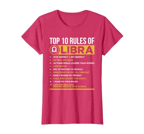 Top 10 Rules of Libra Facts Traits Horoscope Zodiac Funny T-Shirt, Women, Red Heather, Medium
