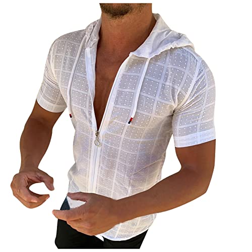 Mens Slim Fit Short Sleeve Hoodie, Summer Full Zip Swiss Dot Drawstring Hooded Cardigan Tops Casual Beach T-Shirts