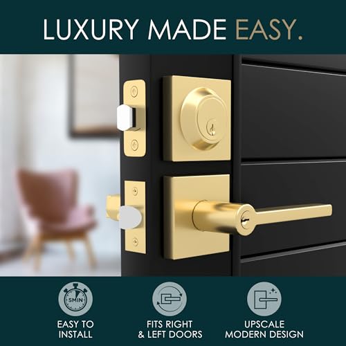 Image of Mega Handles Prime Entrance Combo, Entry Lever Door Handle and Single Cylinder Deadbolt Lock and Key Combo Pack, Heavy Duty Square Locking Door Levers Set for Left or Right-Handed Doors - Satin Brass