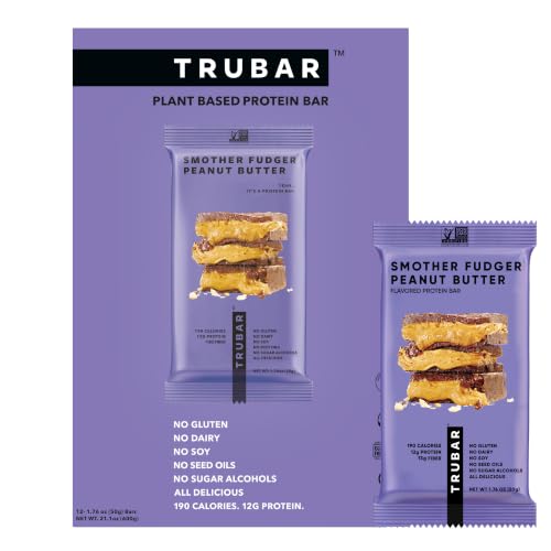 Image of TRUBAR Vegan Protein Bar, Smother Fudger Peanut Butter, Gluten Free, Plant Based Protein, Dairy Free, Non GMO, Soy Free, No Sugar Alcohols, 12G Protein, 13G Fiber, Healthy on the Go Snack Bars, 12 CT