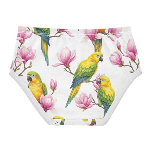 Yellow Green Parrots Pink Magnolia Girls Panties, Toddler Briefs, Cotton Girls Underwear, 2–8 Years2