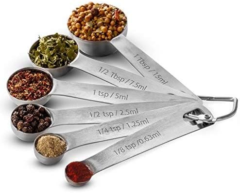 Stainless Steel Measuring Spoons - 6 Spoon Set with Removable Ring Holder - Heavy Duty Scooped Design for Dry and Liquid Ingredients - By Ladle