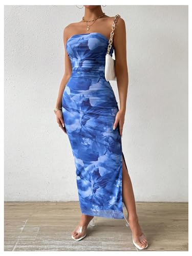 Image of GORGLITTER Women's Floral Strapless Bodycon Wedding Guest Dress Vacation Summer Birthday Tropical Maxi Long Sun Dresses