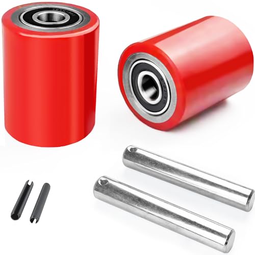 Image of A Pair Pallet Jack Load Wheels Replacement Kit 3 inchx3.75 inch(74.5mm x 93mm) Red | Including Heavy Duty PU Tread Wheels,Pre-Installed Bearings ID 20mm,Axles& Pins, Also for Manual Hand Lift Truck Rear