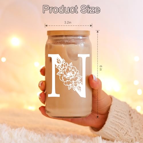 Image of Coolife Initial Glass Cup, Monogrammed Gifts for Women, 16 oz Tumbler w /Lid