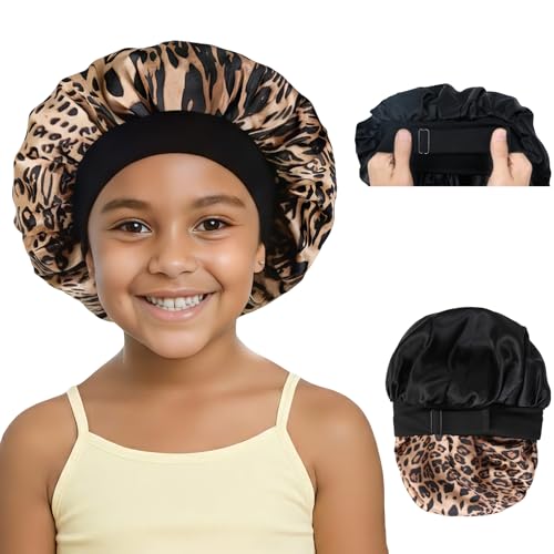 XRACEPHOL Kids Bonnets for Girls Double Layer Baby Satin Bonnet Adjustable Toddler Bonnet for Sleeping Sleep Caps with Elastic BandBlack and Lepard