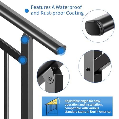 Bobolish Upgrade Handrails for Outdoor Steps, Adjustable 4 Step Stair Railing Kit, Easy DIY Installation Kit Included, Black Wrought Iron Hand Rails for Outdoor Steps, 2 in 1 Stair&Horizontal Railing - Thumbnail 3