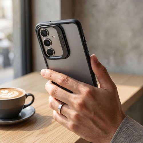 Image of amazon basics Frosted Matte Case for Samsung Galaxy A55 5G | Built-in Flip-Out Camera Lens Stand | Translucent Back with Contrast Black Bumper | Shockproof Protective Cover with Foldable Kickstand