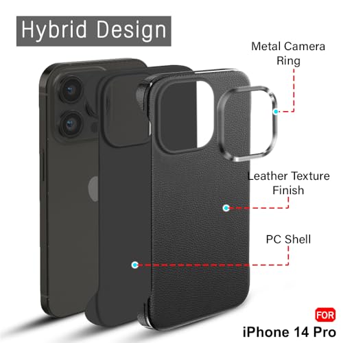 Image of TheGiftKart Hybrid Ultimate Slim Back Case Cover for iPhone 14 Pro | Lightweight Profile | Hard Back Case Cover for iPhone 14 Pro (PC & TPU, Metal Camera Ring, Leather Texture Finish, Black)