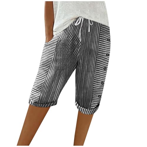 Capris for Women Striped Color Block Trendy Summer Pants Button Trim Elastic Waist Cropped Trousers with Pockets