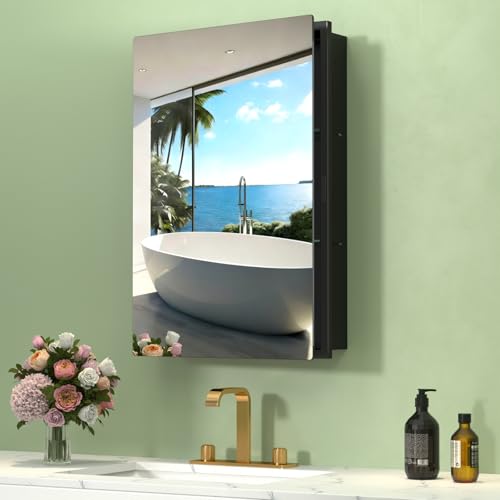 Armario de medicamentos negro de 15" x 20", para empotrar o montar en superficie, con espejo de vidrio templado y armario metálico completo, 2 estantes estables y extraíbles, apertura izquierda o derecha miniatura 1