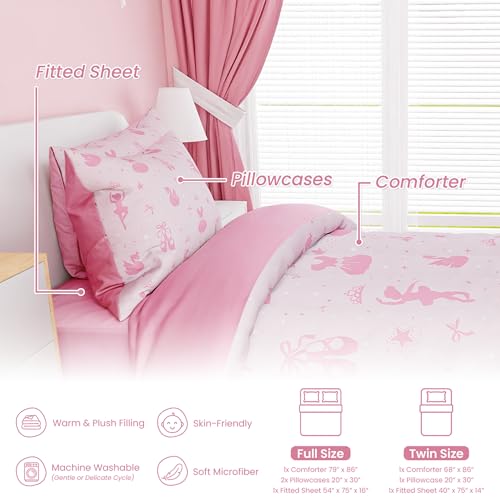 Image of SANDJEST Ballerina Comforter Set Full Size 98x86in for Kids Girls, Microfiber 4 Pcs Bedding Set Includes 1 Comforter, 2 Pillowcases, 1 Fitted Sheet, Nursery Room Decor