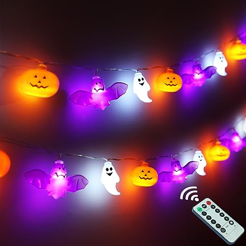 Halloween Lights, 16.4FT 30 LED Pumpkin Bat Ghost Battery Operated Orange and Purple String Lights...