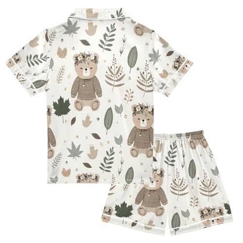 ALAZA Boho Bear Leaf Blossom Pajamas Satin Pajama Set Short Sleeve Button Down Sleepwear2