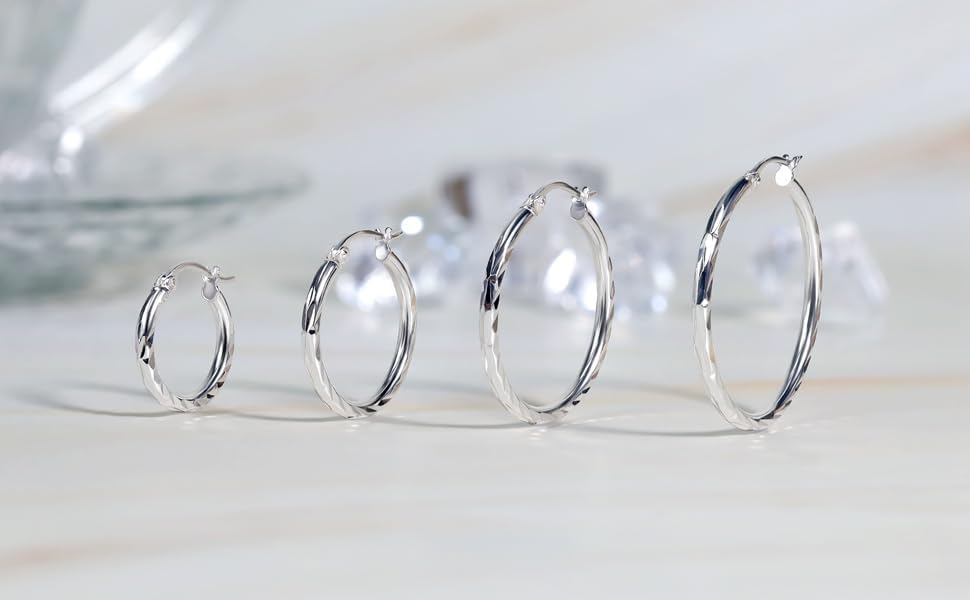 Hoops & Loops 925 Sterling Silver Diamond-Cut 2mm Hoop Earrings for Women, Modern Textured Hypoallergenic Lightweight Hoops, Silver, 14k Yellow Gold, Rose Gold Flash Plate 15mm, 20mm, 25mm, 30mm - Image 8