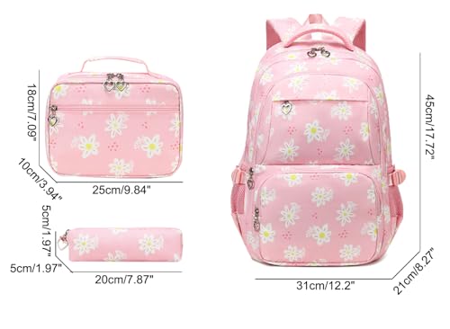 JiaYou Girls Flower Pattern Primary School Backpack Midlle School Laptop Bag 3Pcs Sets with Lunch Bag and pencil case(Pink-3Pcs,29 Liters)2