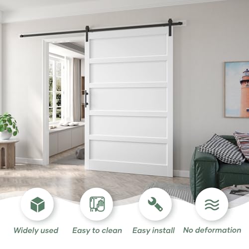Image of Fredbeck 60x84 inch White Barn Door with 10FT Sliding Door Hardware Kit Included & Handle,MDF,Solid PVC Surface,DIY Assembly,5-Panel