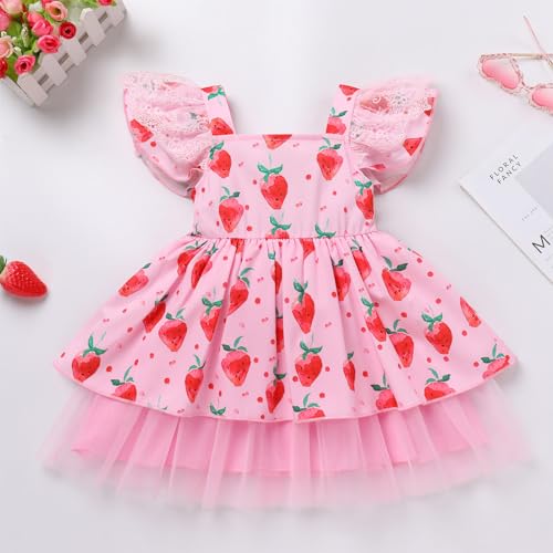 AWIBMK Kids Girls Strawberry Ruffle Tulle Dress Birthday Party Dresses Lace Flutter Sleeve Square Neck Cake Smash Outfits3
