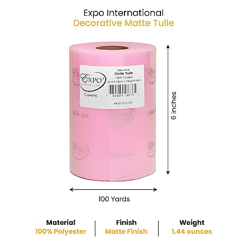 Image of Expo International Decorative Matte Tulle, Roll /Spool of 6 inch X 100 Yards, Lightweight Polyester Tulle Fabric for Tutus, Costumes, and Party Decorations, Washable, Easy-to-Use, Pink