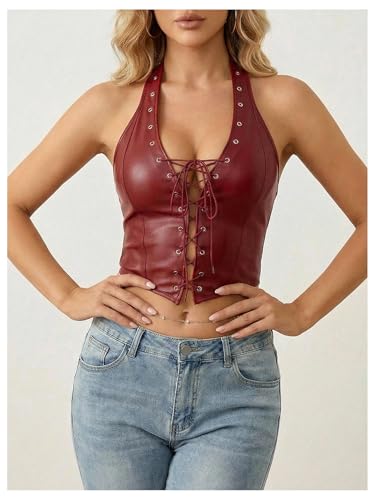 Image of WDIRARA Women's Punk PU Leather Halter Top Grommet Eyelet Tie Front Corset Crop Top