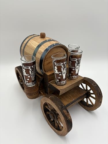 Rustic Wooden Barrel Shot Glass Holder with Wagon Wheels, 3 Decorative Glasses, Western Style Bar Decor
