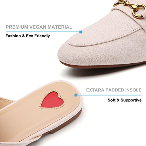 Cicomuin Buckle Suede Beige Mules For Women Flats Round Toe Slip On Backless Loafers Ladies Work Shoes Size 9.5 #TOP2