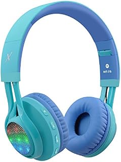 Riwbox Kids Bluetooth Headphones, WT-7S LED Light Up Foldable Stereo Wireless&Wired Kids Headphones with Microphone for School/PC/iPhone/TV/iPad/Tablet (Blue&Green)