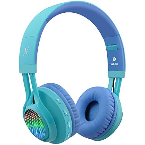 Riwbox Kids Bluetooth Headphones, WT-7S LED Light Up Foldable Stereo Wireless&Wired Kids Headphones with Microphone for School/PC/iPhone/TV/iPad/Tablet (Blue&Green) Cover