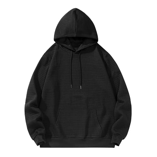 WUWWUT Men's Pullover Hoodie Plaid Jacquard Hooded Sweatshirt Long Sleeve Drawstring Casual Hoodies with Pocket Black - Image 2