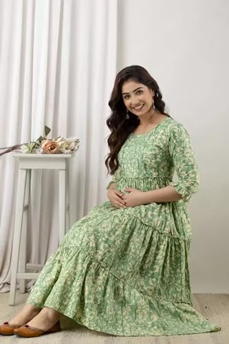 Image of GIRISHA Enterprises Women's Rayon Printed Anarkali Maternity Kurta Dress with Zippers