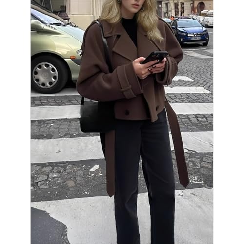 Deep Brown Jacket Cropped Notch Collar Button Up Belted Oversized Long Sleeve Fall Streetwear Casual Jacket2