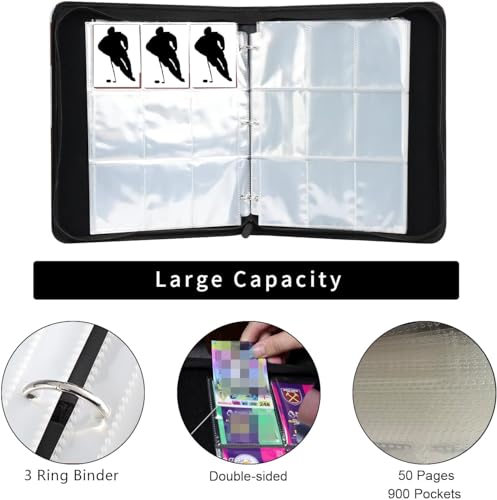 Image of Hockey Card Binder with Sleeves, 900 Pocket Hockey Card Holder for Trading Cards, 9 Pocket with 50 Removable Sleeves Zipper Book Folder Collector Album 3 Ring Binder Organizer Storage Kids Gift