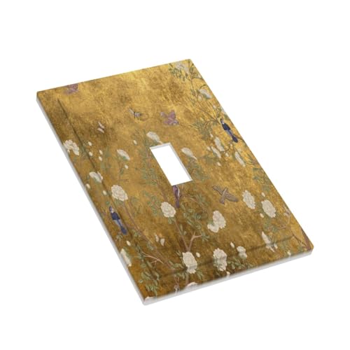 Decorative Switch Plate Covers Vintage White Flowers Birds on Golden Background 1 Gang Light Switch Cover Plate Single Toggle Wall Plate Outlet Covers Wall Plate for Home Decor