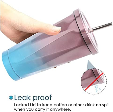 Grando Stainless Steel Tumbler Cups, Coffee Cup with Straw Vacuum Insulated Office Mug Car Drinking Cups for Ice Cold or Warm Drinking with 1 Cleaning Brush and Straw Brush (Pink and Blue 18oz/500ML)