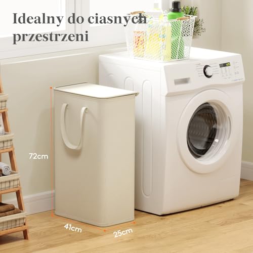 Lifewit Kosz na Pranie Wąski z Pokrywą, Składany Kosz na Pranie, Laundry Basket z Długimi Uchwytami do Sypialni Łazienki Pralni, 75 L, Biały