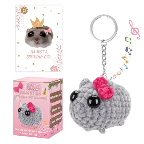 Dalycro Tiktok Sad Hamster Meme Bow Keychain with Sound Upgrade Hand-Knitted Sad Hamster Plush with Gift Box & Card for Women Birthday Christmas