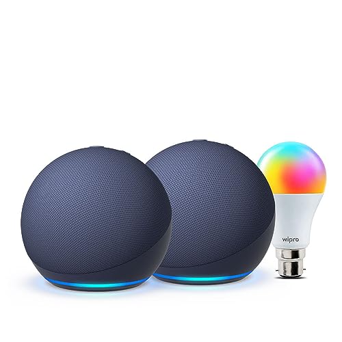 Image of Echo Dot (5th Gen, Blue) gift twin pack with Wipro 9W LED Smart Color Bulb