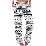 Generisch Damen Freizeithosen mit hoher Taille weitem Bein, Florale Freizeithose mit Taschen Löcher Hose Damen Blau (Black, XXL)