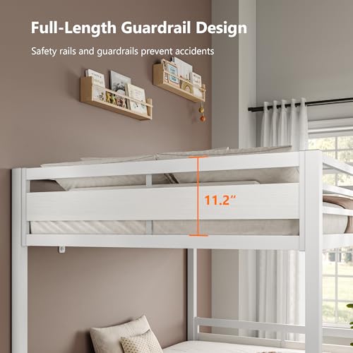 Image of iPormis Metal Bunk Bed Full Over Full, Heavy Duty Bunk with High Guardrail and Safety Entrance Design, Under-Bed Storage Space, Easy Assembly, Noise Free, White