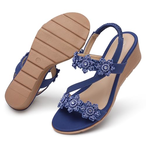 Image of SHIBEVER Wedge Sandals for Women Dressy: Summer Open Toe Low Platform Wedges Sandals Elastic Ankle Strap Flower Comfortable Casual Shoes
